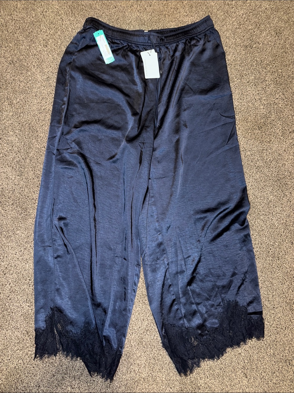 Skies Are Blue Navy Wide Leg Pants with Lace Hem